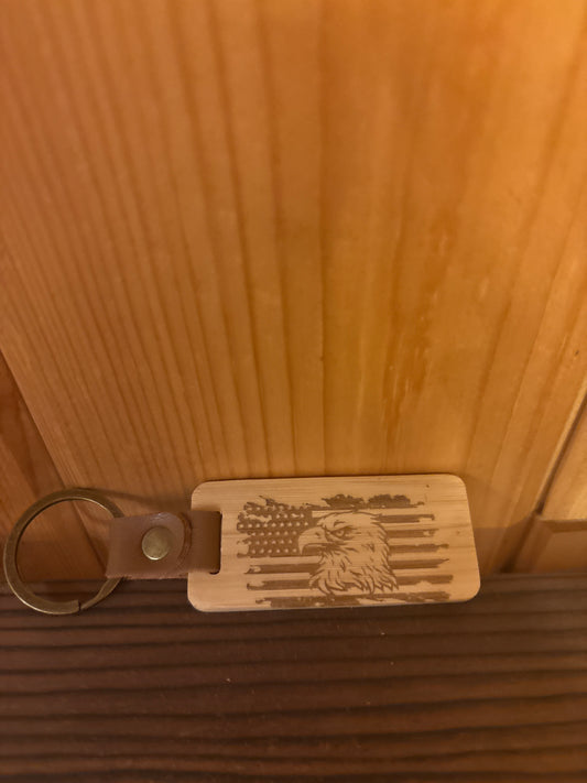 Laser Engraved Eagle & American Flag Wood Keychain – Patriotic Gift