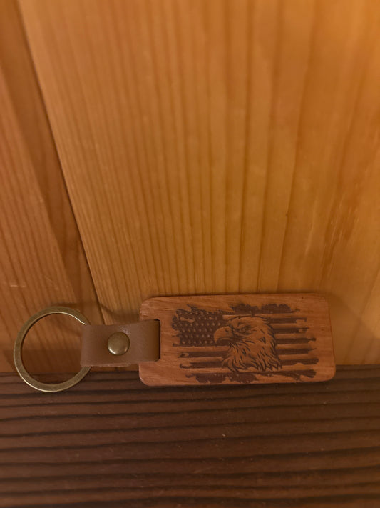 Laser Engraved Eagle & American Flag Wood Keychain – Patriotic Gift