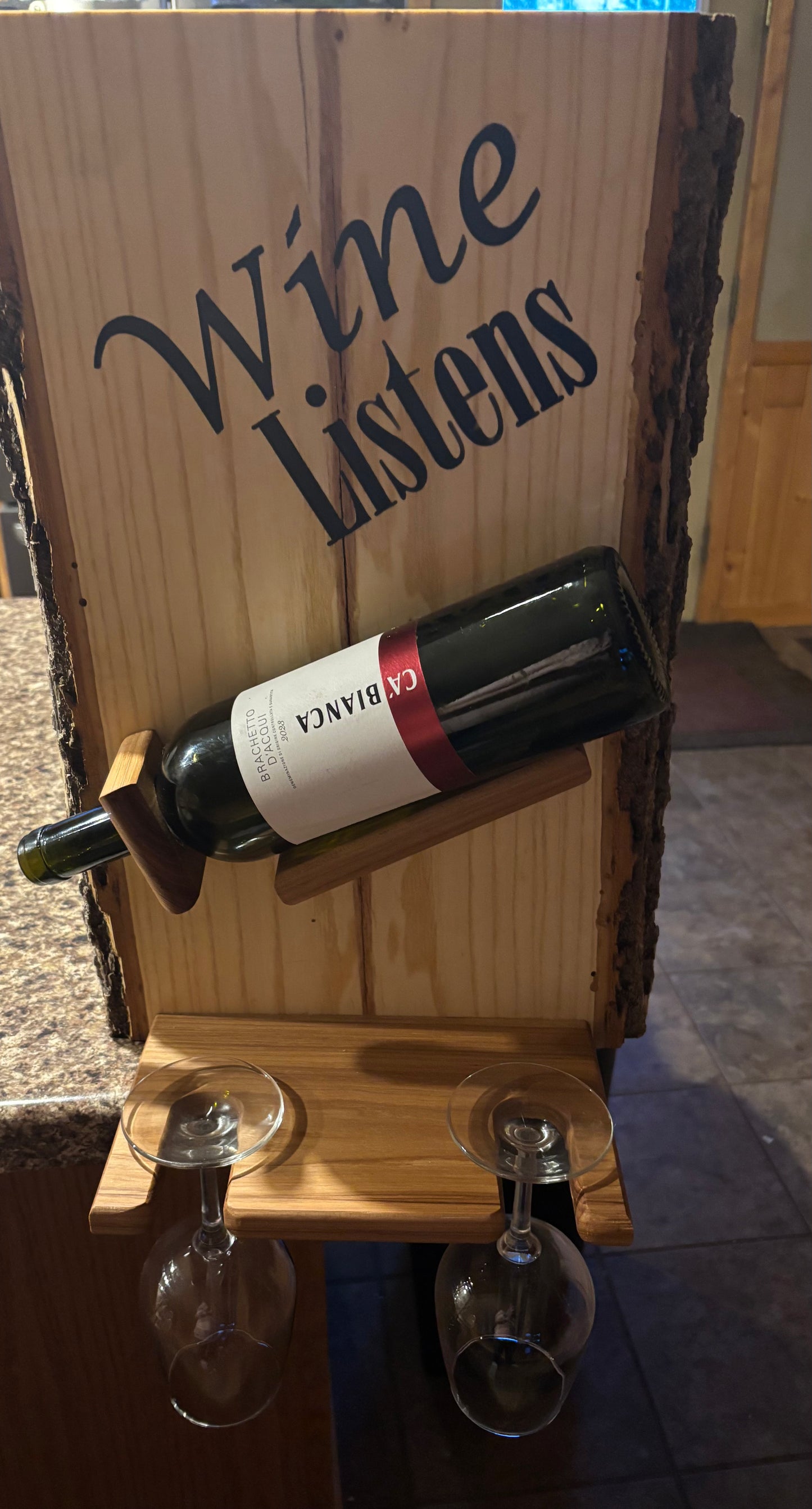 Handcrafted Live Edge Wine Display with Glass Holder – 12” x 18”