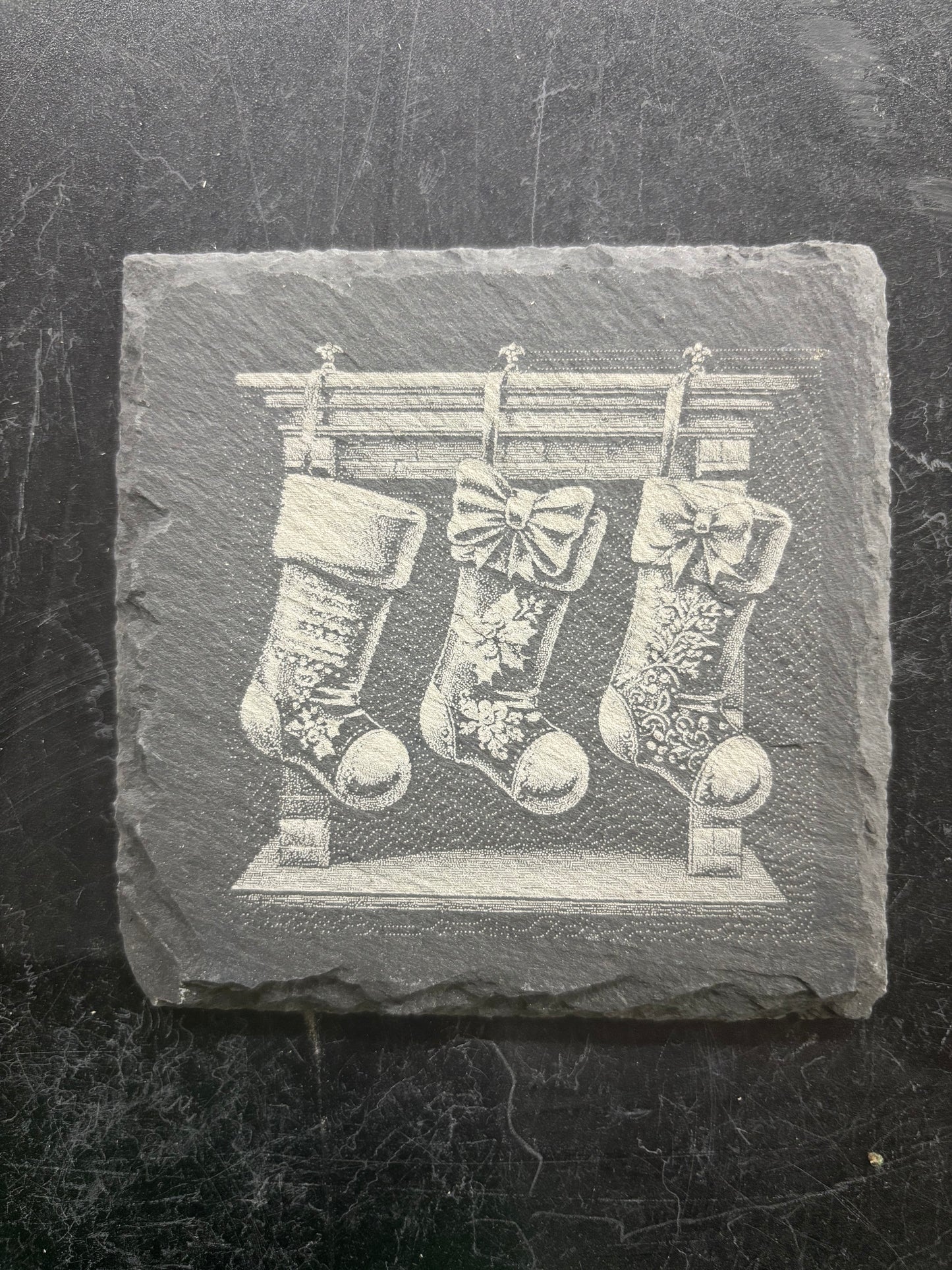 Christmas Stockings Slate Coaster – Laser Engraved Holiday Stone Decor