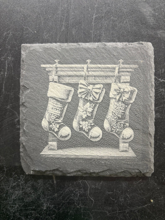 Christmas Stockings Slate Coaster – Laser Engraved Holiday Stone Decor