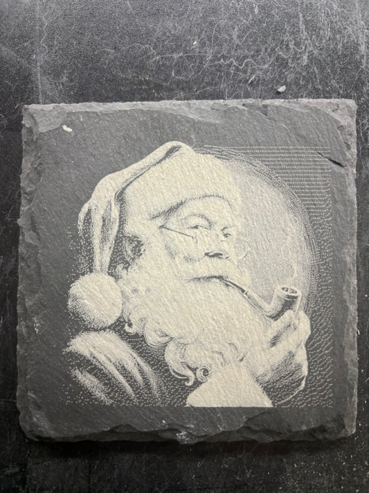 Smoking Santa Slate Coaster – Laser Engraved Vintage Christmas Stone Decor