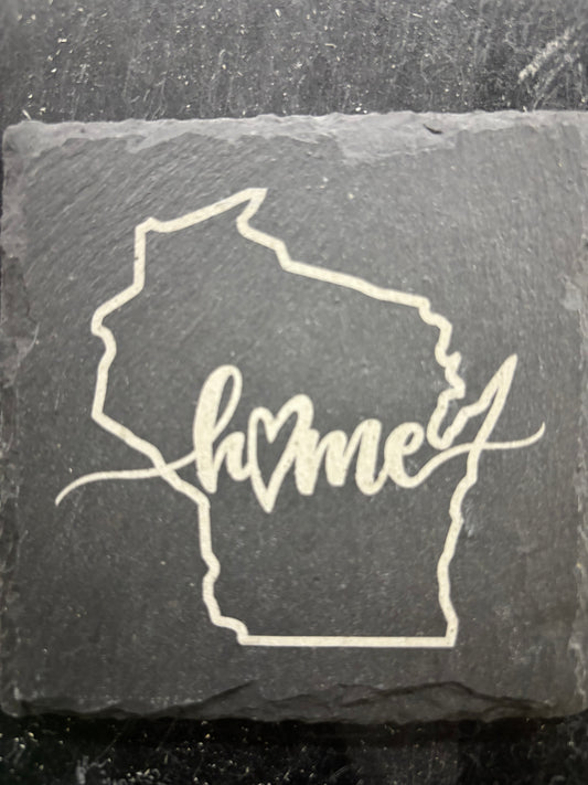 Wisconsin “Home” Slate Coaster – Laser Engraved State Stone Drink Coaster