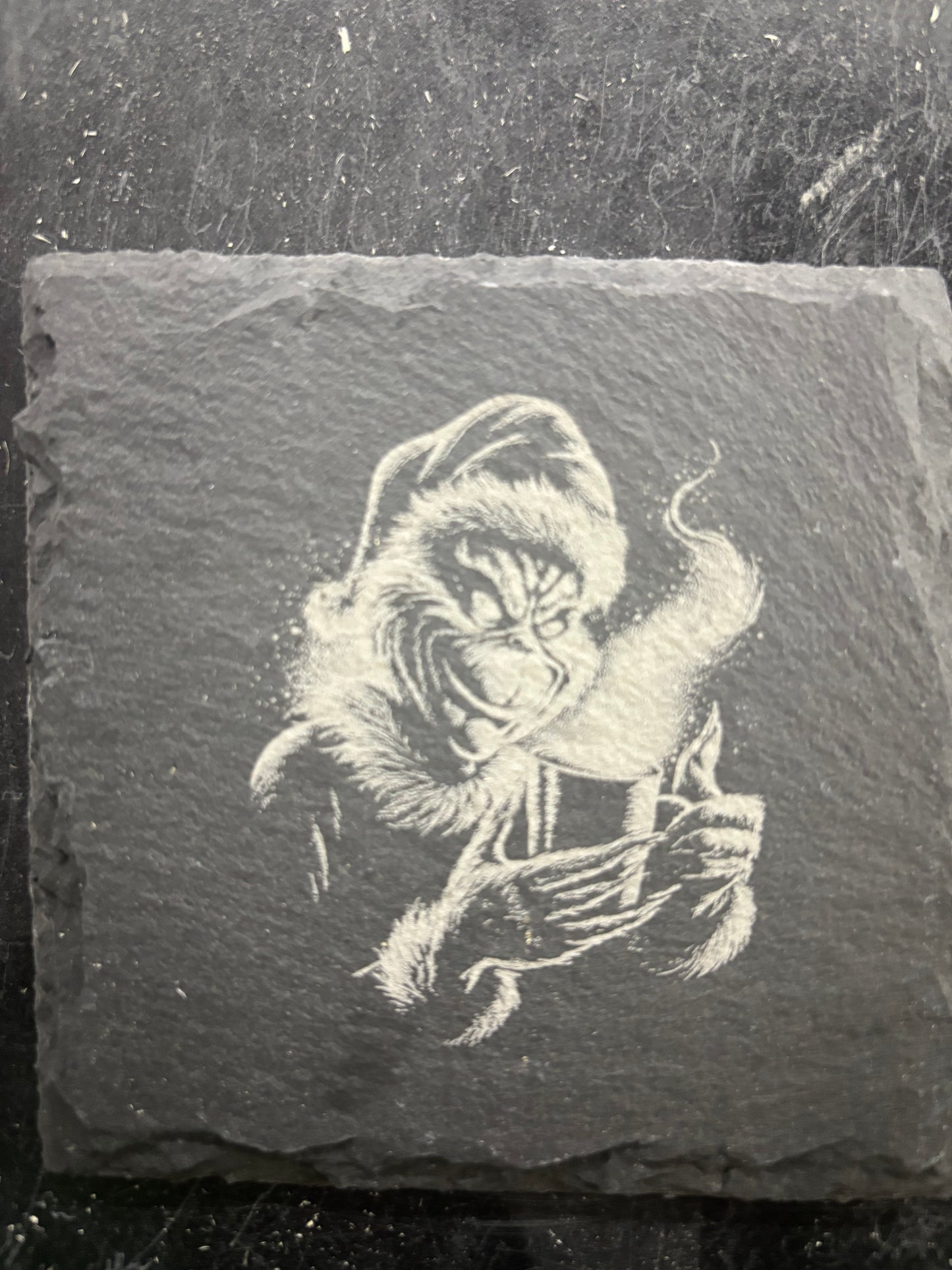 Grinch Slate Coaster – Laser Engraved Holiday Stone Drink Coaster