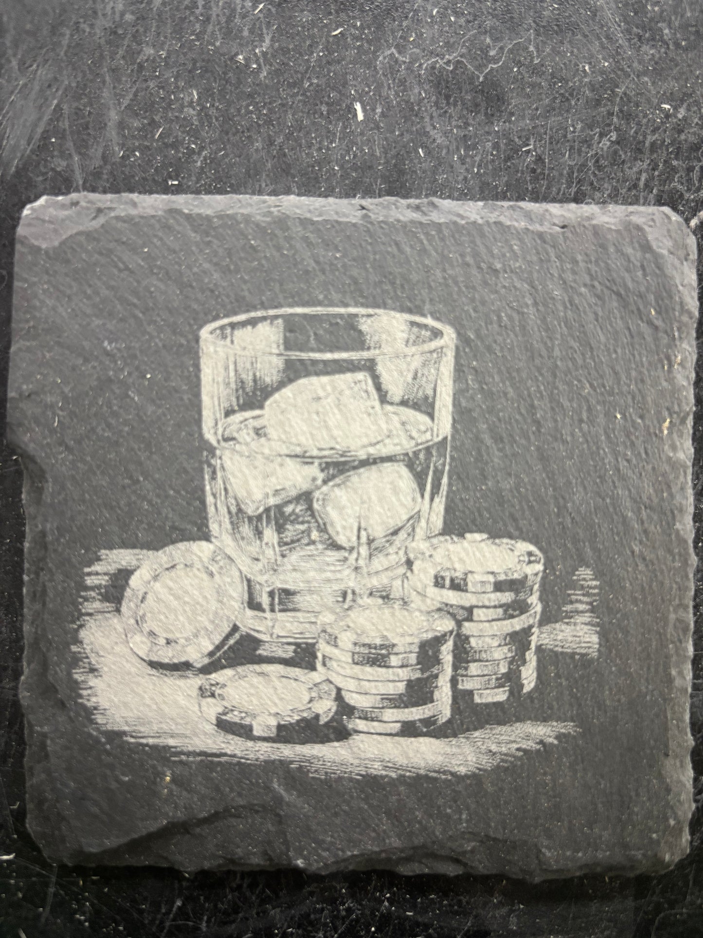 Engraved Slate Coaster – Whiskey Glass & Poker Chips Design