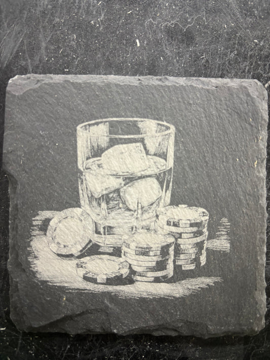 Engraved Slate Coaster – Whiskey Glass & Poker Chips Design