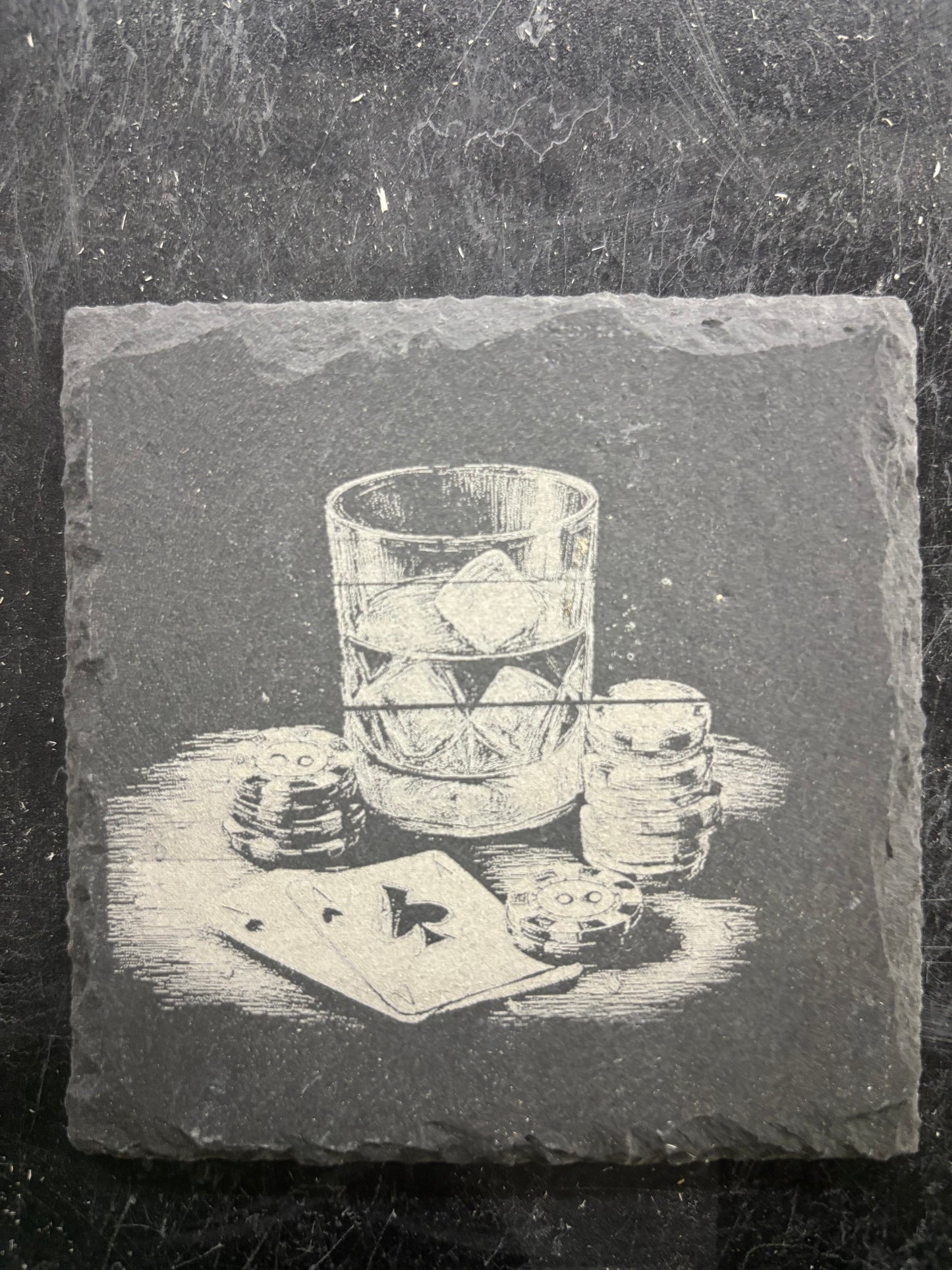 Engraved Slate Coaster – Whiskey Glass, Playing Cards & Poker Chips